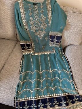 Teal Embroidered Pakistani Dress with Mirror Work